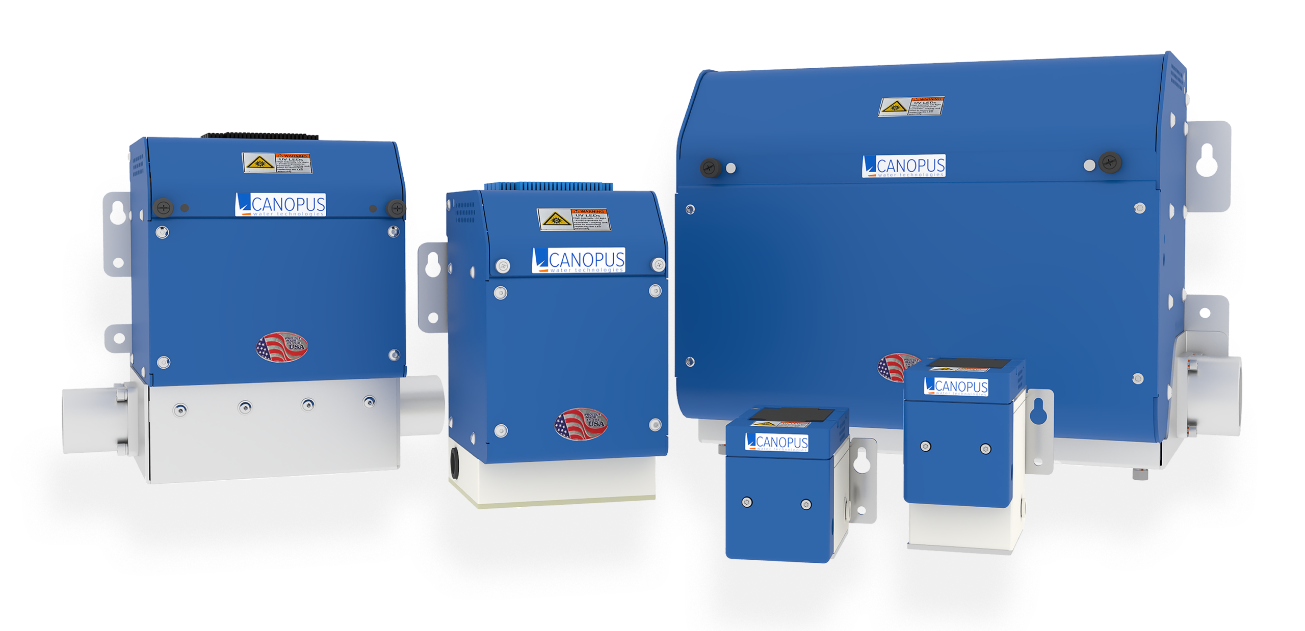 Row of blue Canopus water treatment units in varying sizes mounted on white brackets, labeled with Canopus logos and warning stickers.