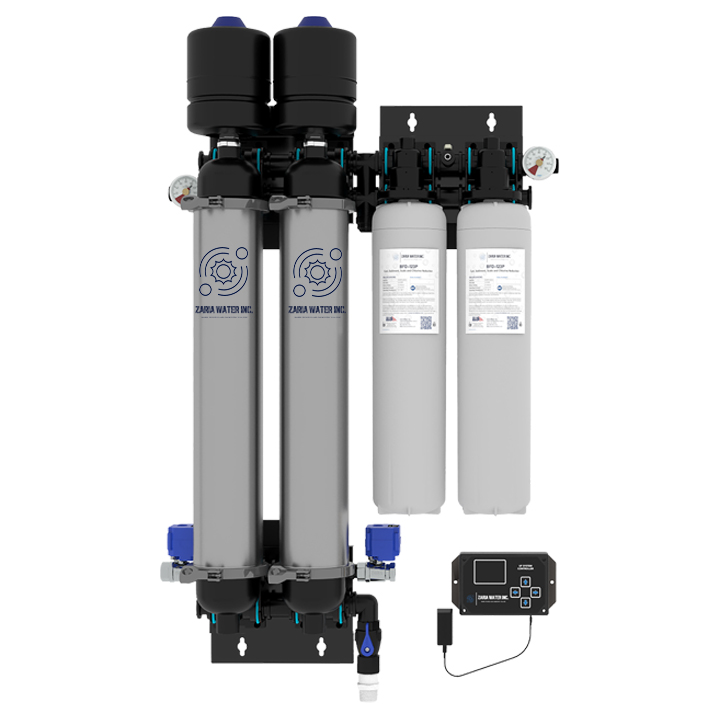 Whole-house water filtration system with two tall silver filter housings, two white cartridges, blue valves, gauges, and a wall-mount controller on the side.