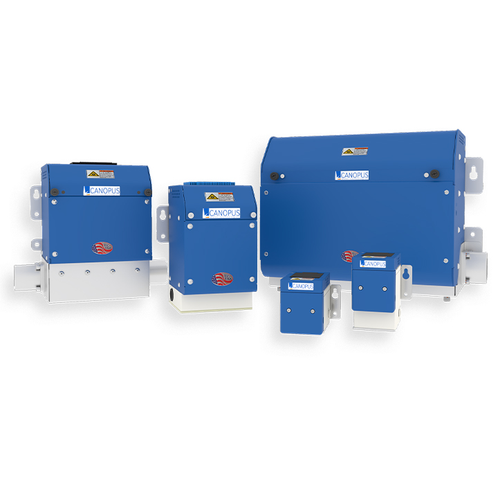Group of blue CANOPUS industrial power controllers of varying sizes with mounting brackets on a white background.