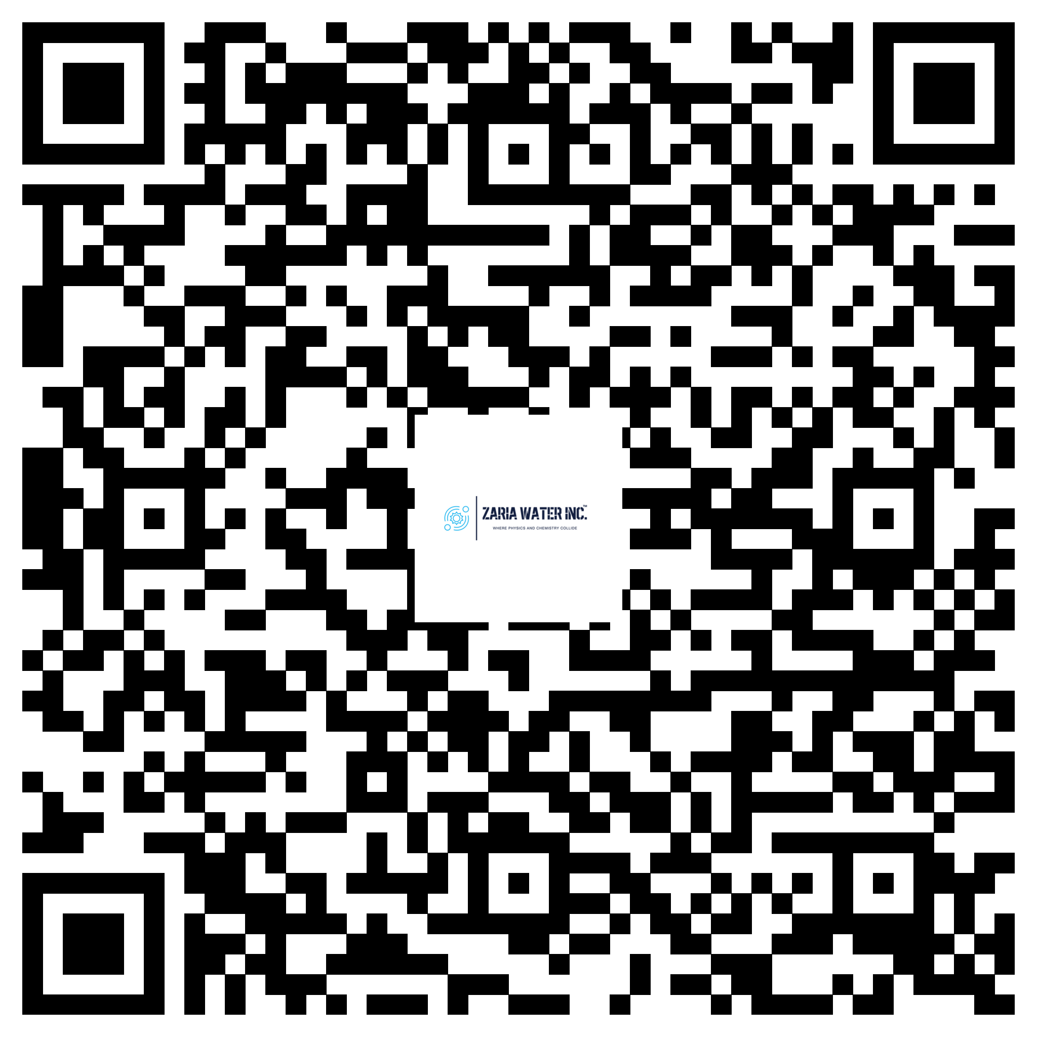 QR code for Zaria Water Inc. — scan to visit the company site; logo appears near the bottom edge of the code.