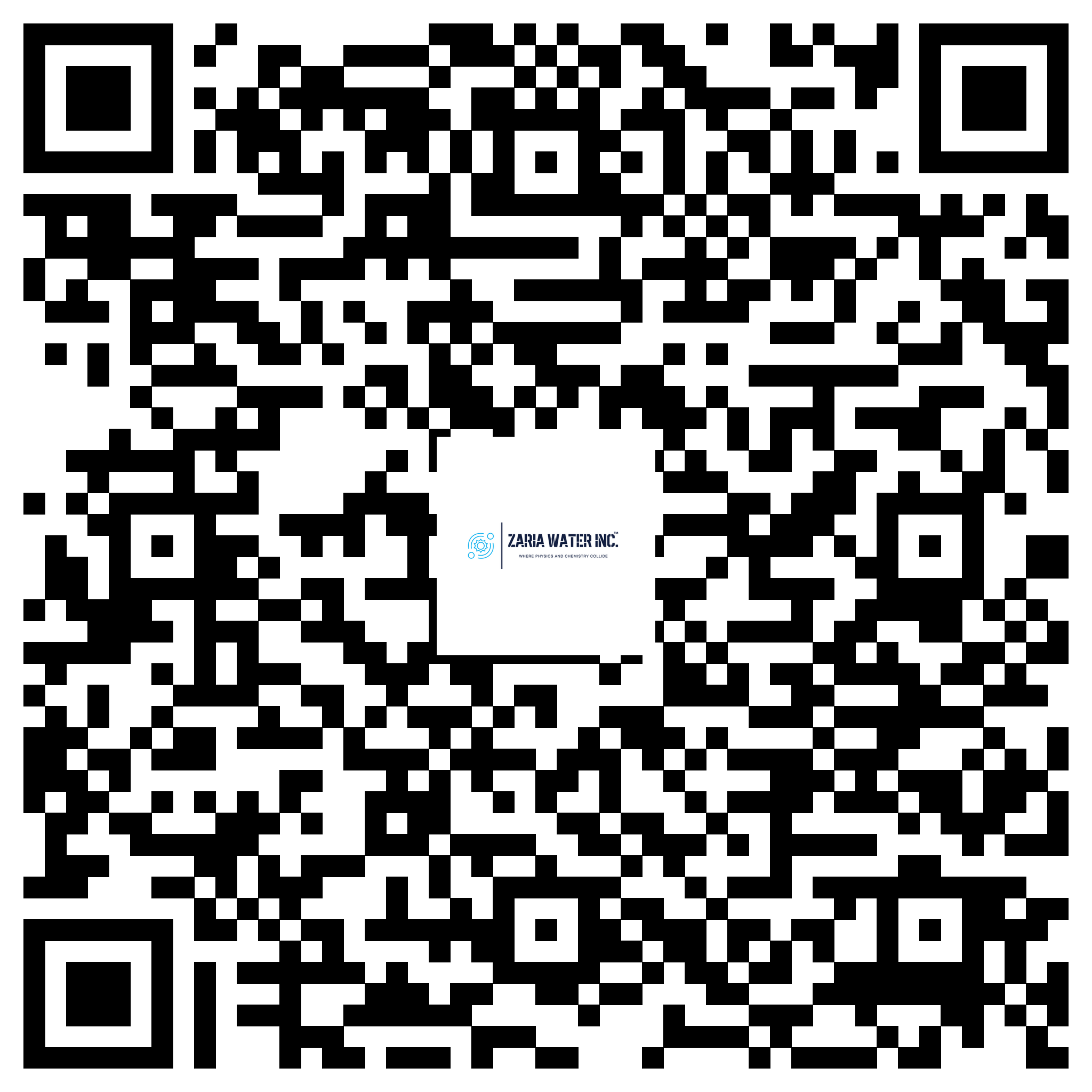 QR code filling the frame with a small Zaria Water Inc. logo at the bottom; scan to visit the company's site? (functional)