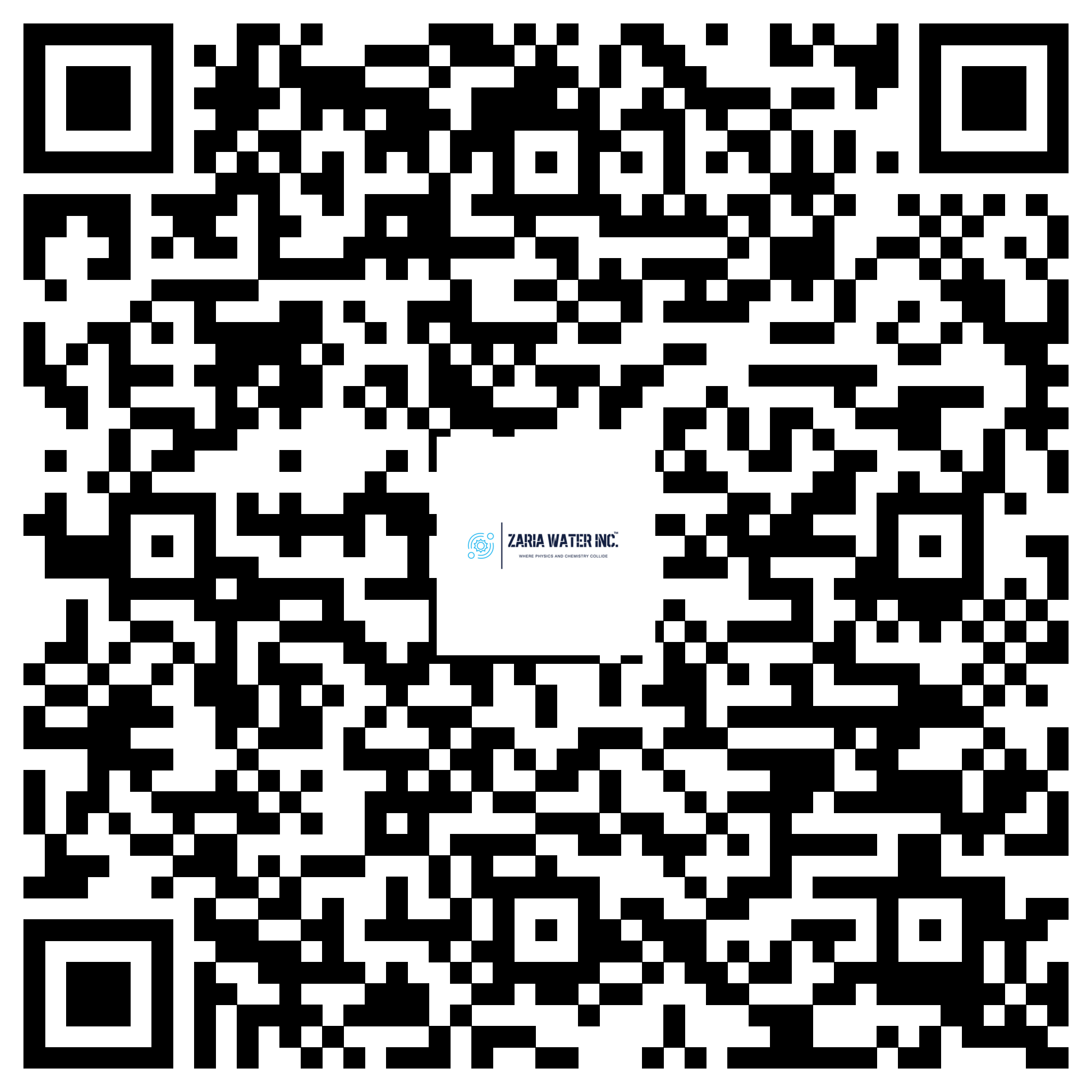 QR code for Zaria Water Inc. with branding/logo visible at the bottom center. It is a scannable code likely linking to the company site or contact.