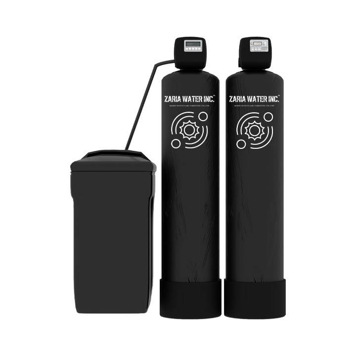 Two-tank water softener system with a separate brine tank and digital control heads.
