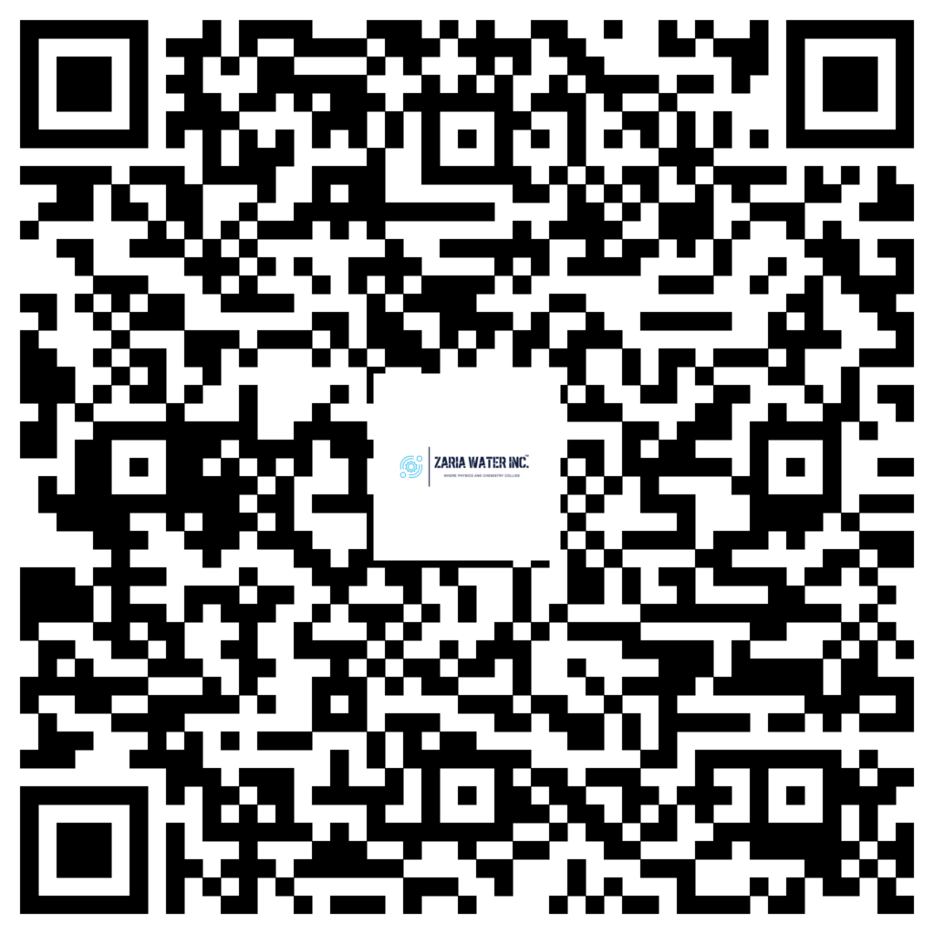 QR code with a small Zaria Water Inc. logo centered near the bottom