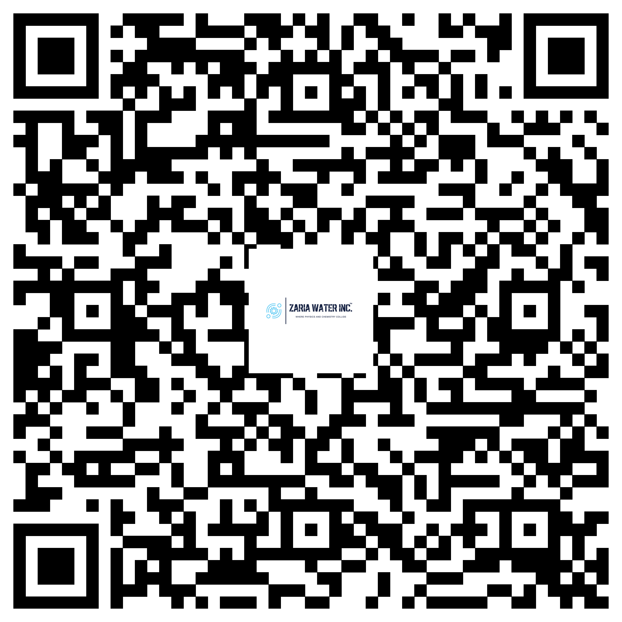 QR code with the Zaria Water Inc. logo at the bottom; scan to visit the company site.