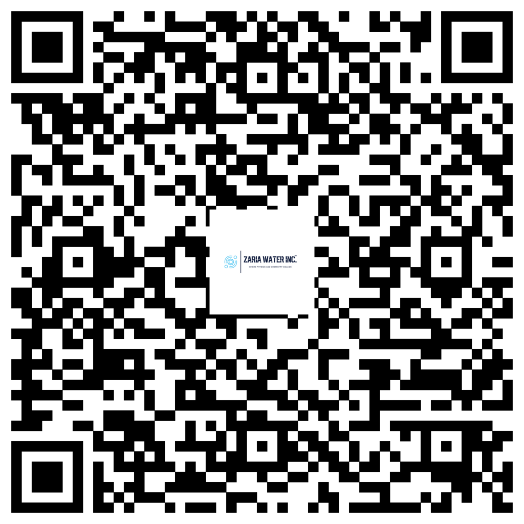 QR code for Zaria Water Inc., with a small Zaria Water Inc. logo at the bottom center.