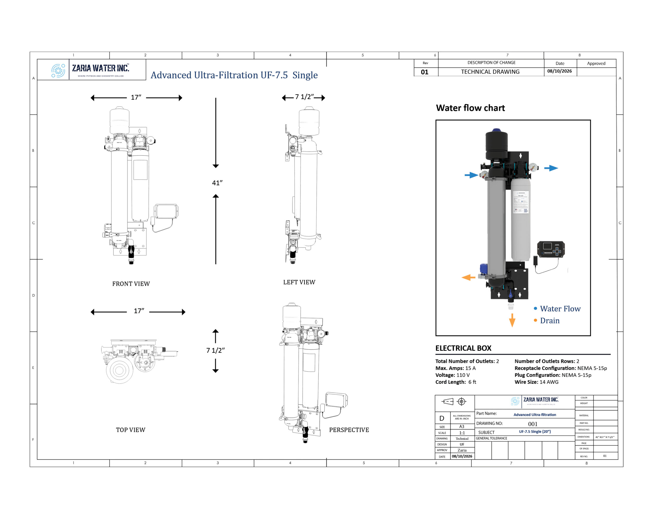 Technical drawing of Advance Ultra-Filtration UF-7.5 Single showing front and left views with dimensions and an inset water flow chart (Zara Water).